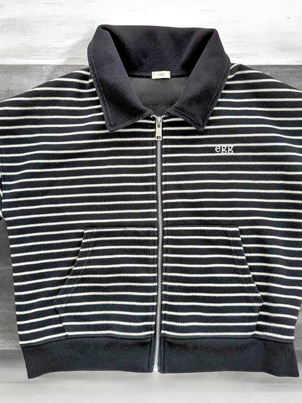 Striped Collared Full-Zip Knit Sweater Jacket | K-Fashion